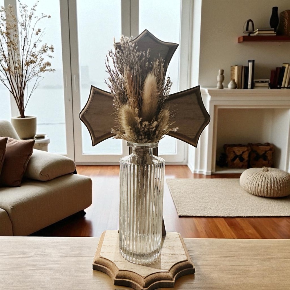 ✝️🆕✝️ Elegant Glass Vase with Dried Floral Wooden Cross Arrangement